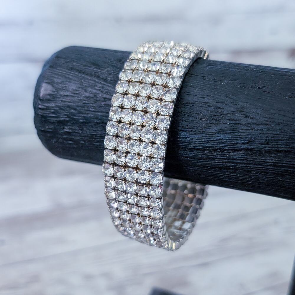 Vintage Bracelet - Clear Gem Cuff - Tarnished